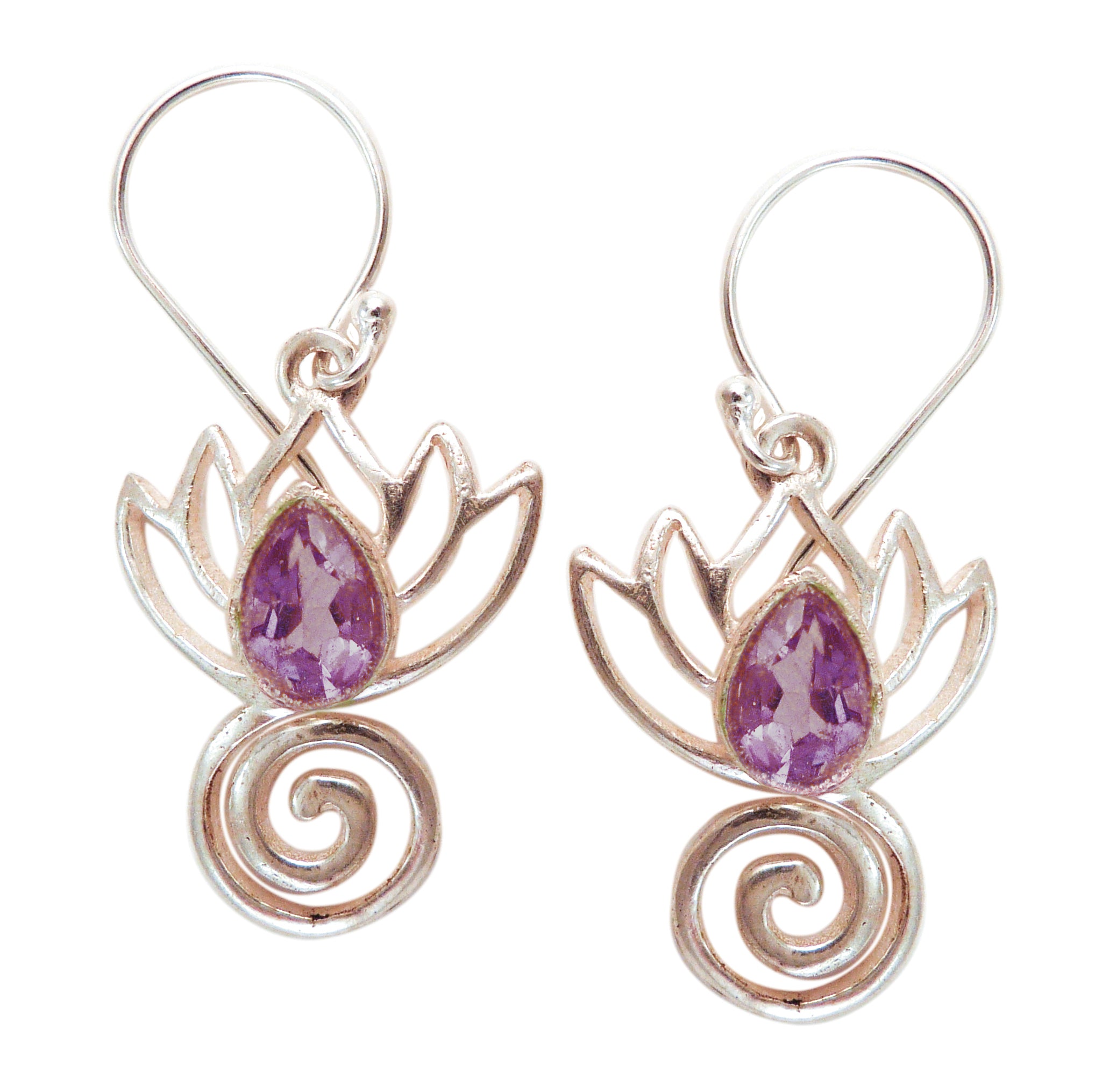 Lotus Swirl Earrings with Healing Stone - Sterling Silver