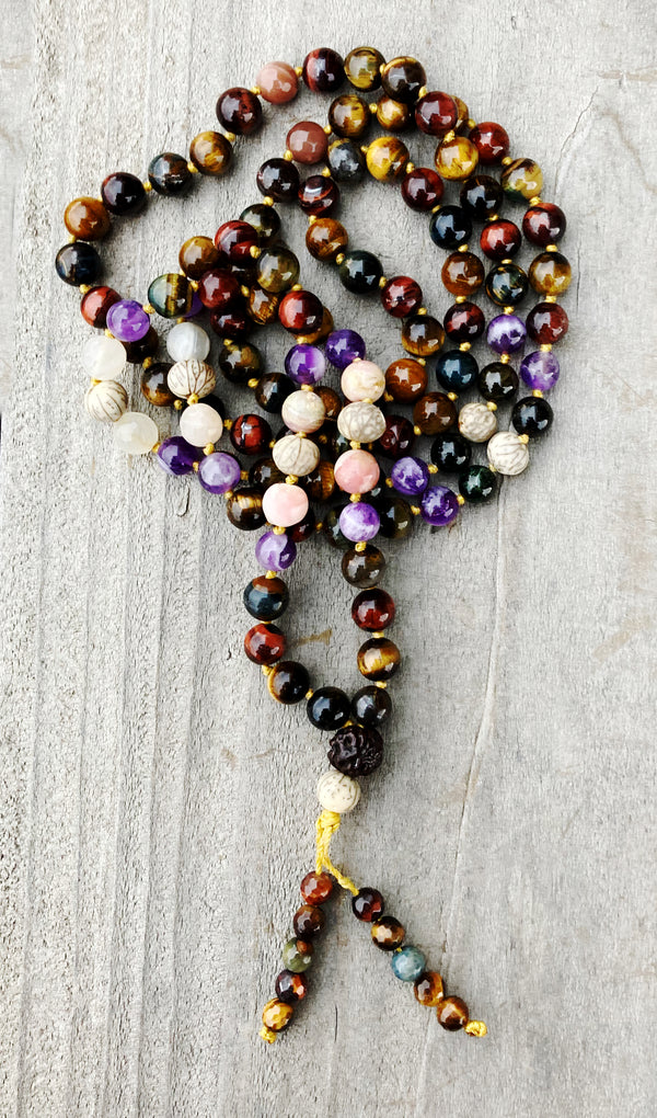 Honoring Feminine Emotions Mala: Tigers Eye, Pink Opal, Moonstone, Bodhi Seed