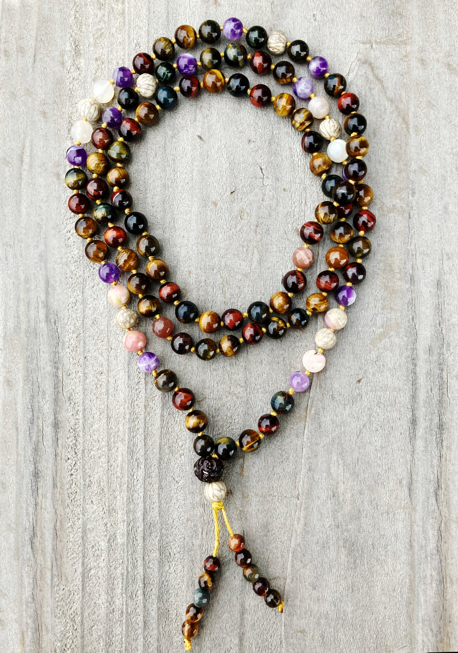 Honoring Feminine Emotions Mala: Tigers Eye, Pink Opal, Moonstone, Bodhi Seed