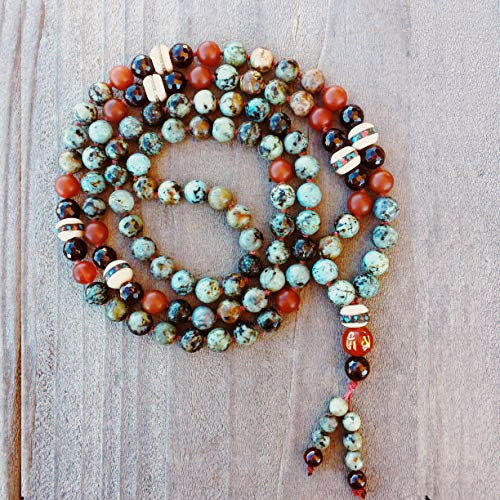 Energy to Love and Grow Mala: African Turquoise Jasper, Garnet, Carnelian, Yak Bone