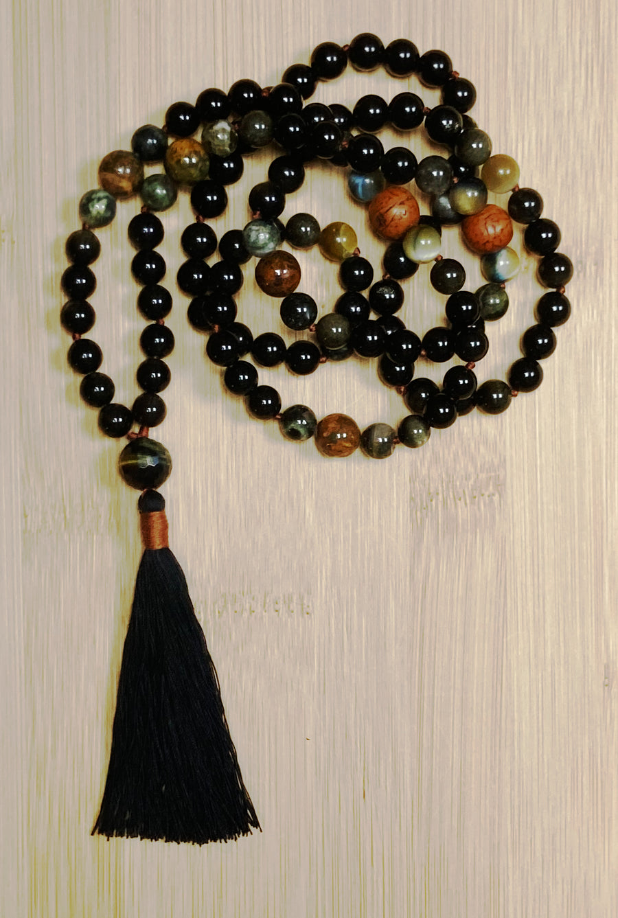 Black Tiger Mala - Tigers Eye & Black Obsidian with Moss Agate & Bodhiseed