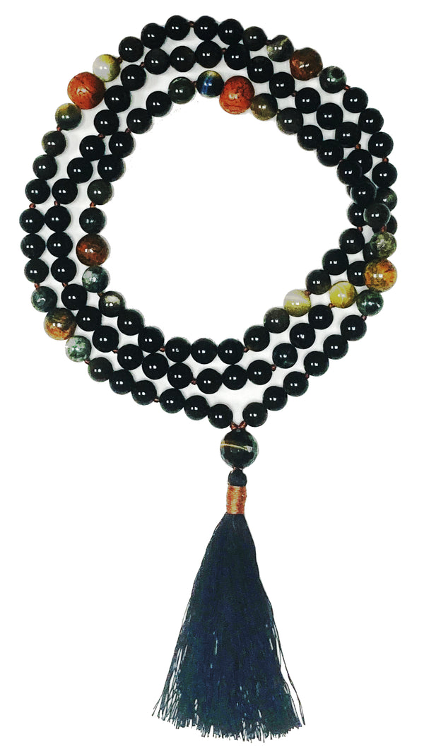 Black Tiger Mala - Tigers Eye & Black Obsidian with Moss Agate & Bodhiseed