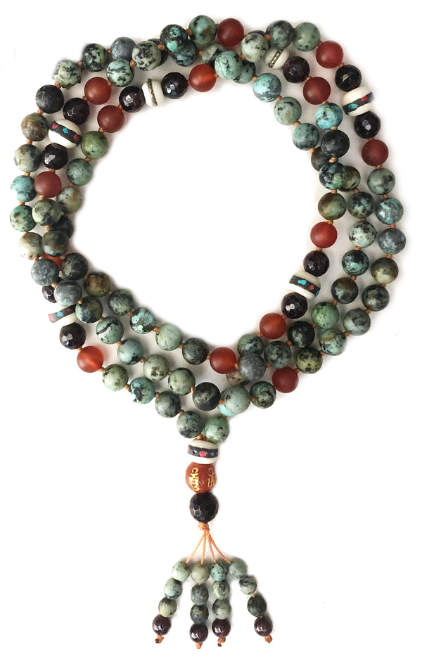 Energy to Love and Grow Mala: African Turquoise Jasper, Garnet, Carnelian, Yak Bone