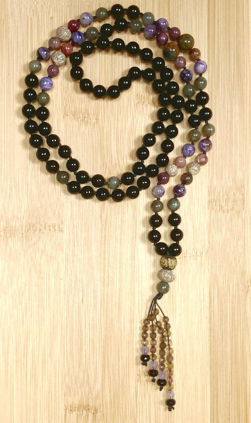 Feminine Love Warrior Mala 108 Bead Mala: Black Onyx, Tourmaline, Russian Charolite, Labradorite, Moss Agate, Lotus Seed