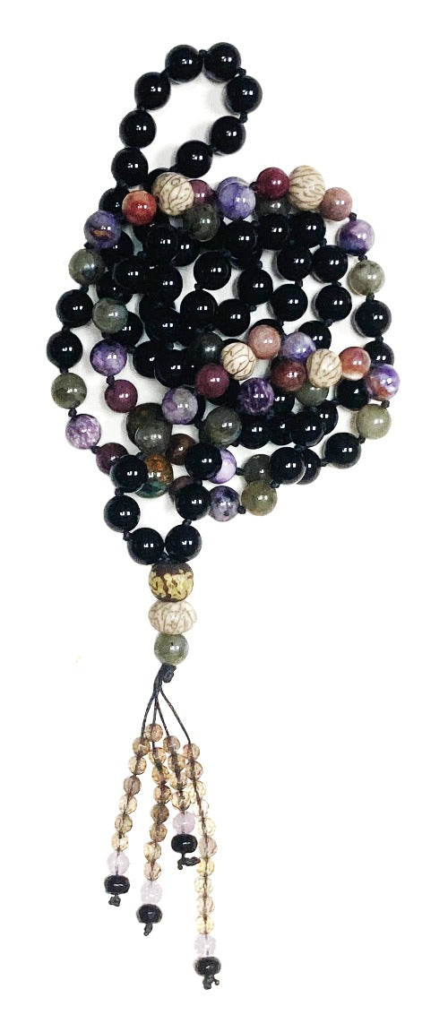 Feminine Love Warrior Mala 108 Bead Mala: Black Onyx, Tourmaline, Russian Charolite, Labradorite, Moss Agate, Lotus Seed