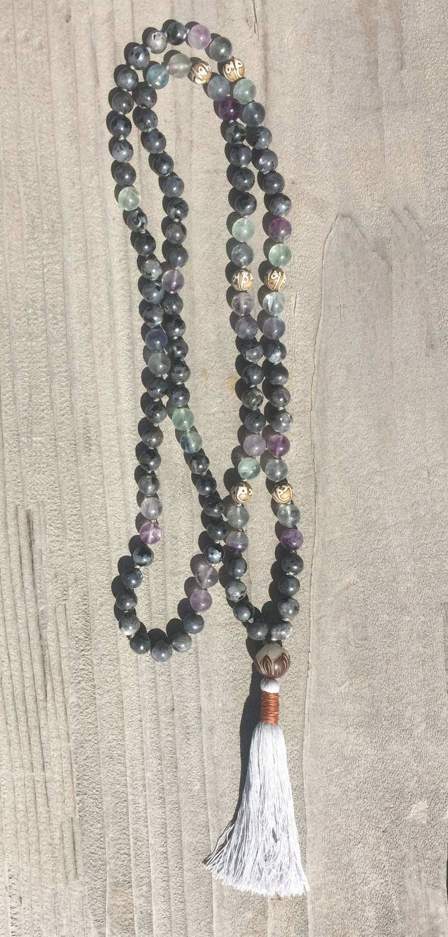 Energy Harmonizing Mala: Fluorite, Larvikite, Mongolian Agate, Lotus Seed