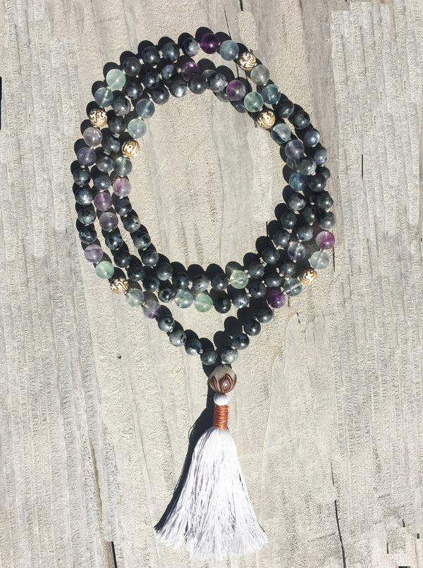Energy Harmonizing Mala: Fluorite, Larvikite, Mongolian Agate, Lotus Seed