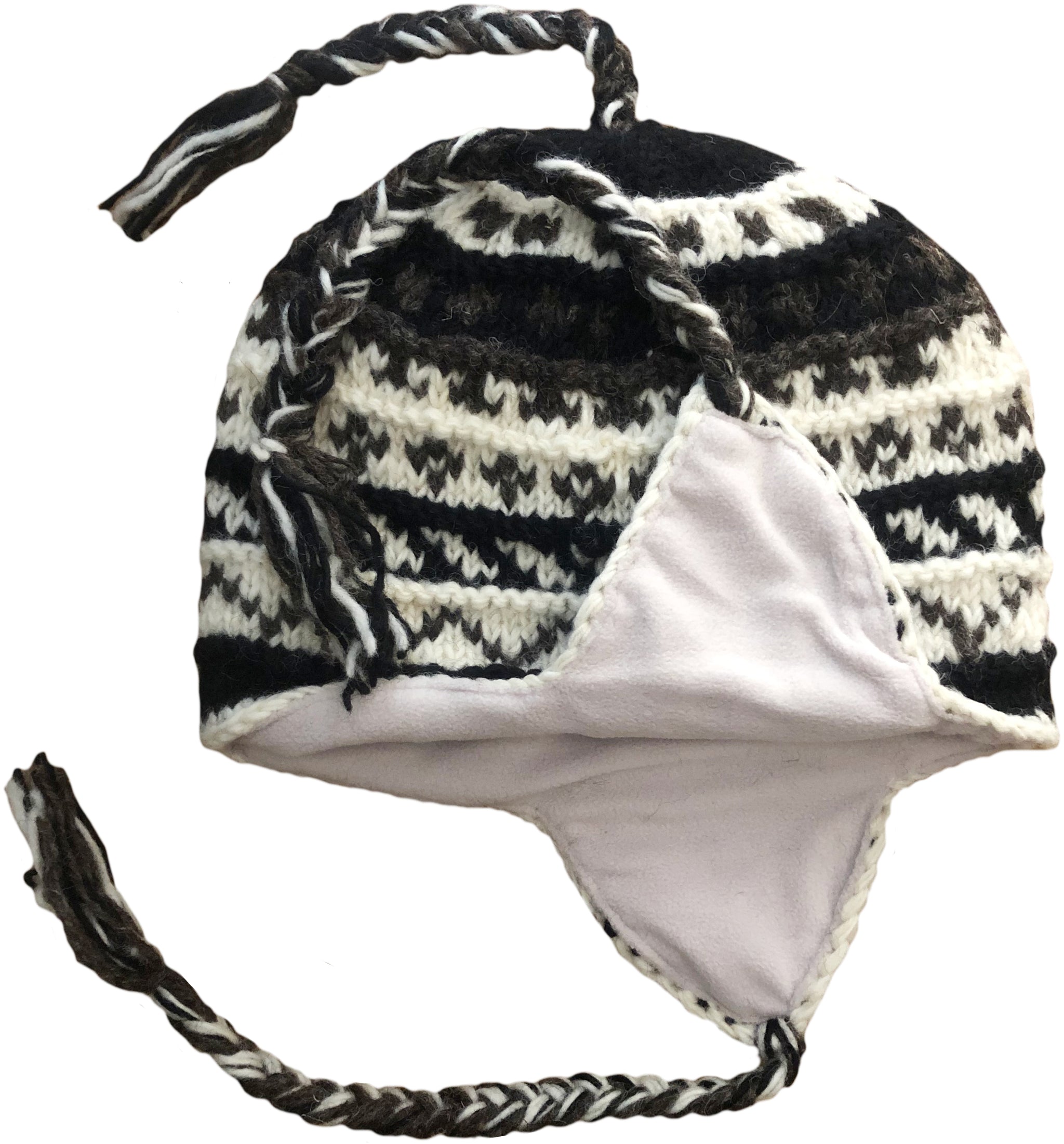 Sherpa Hat with Ear Flaps, Heavy Wool Fleece Lined - Zig Zag Design