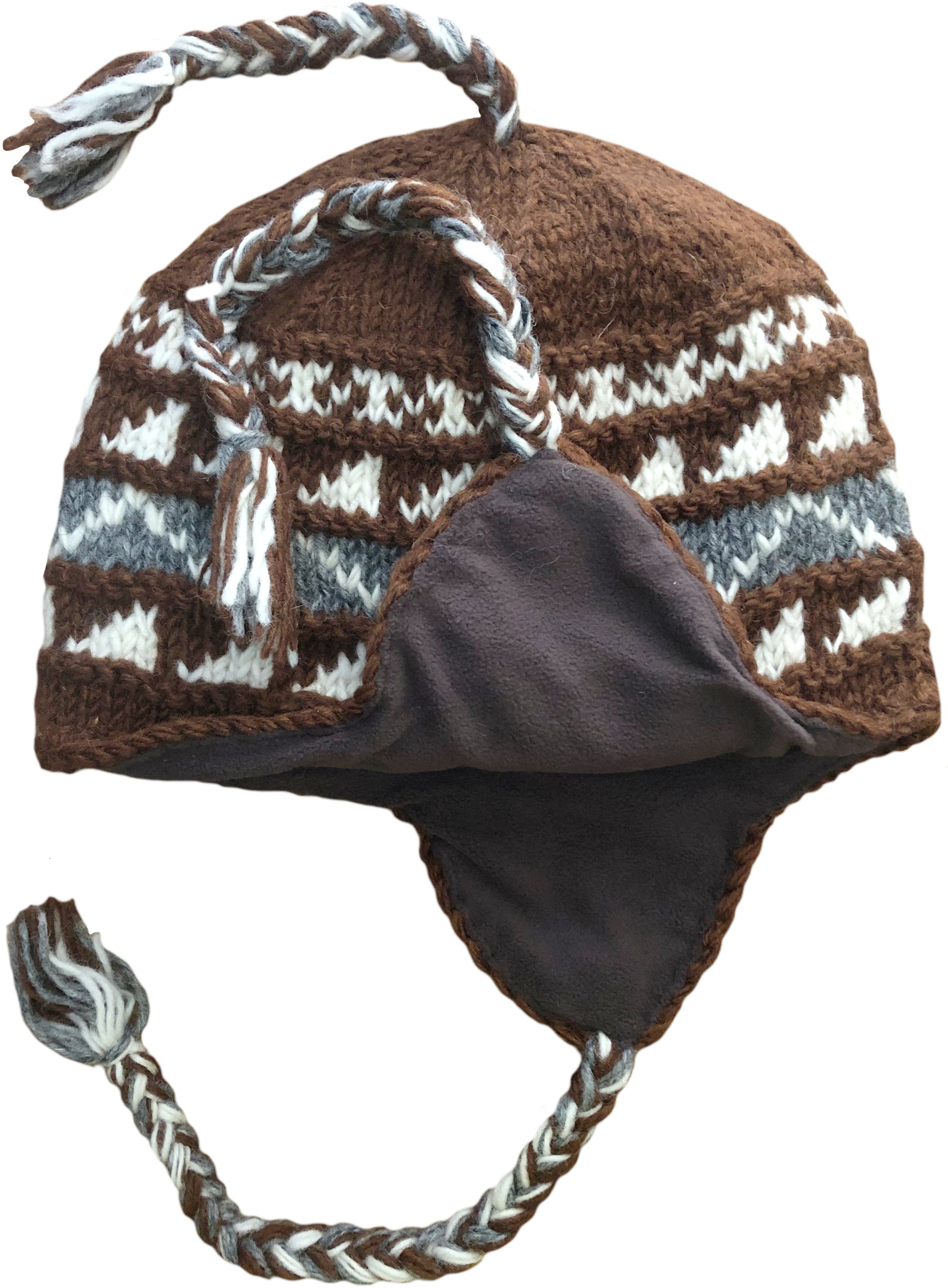Sherpa Hat with Ear Flaps, Heavy Wool Fleece Lined - Zig Zag Design