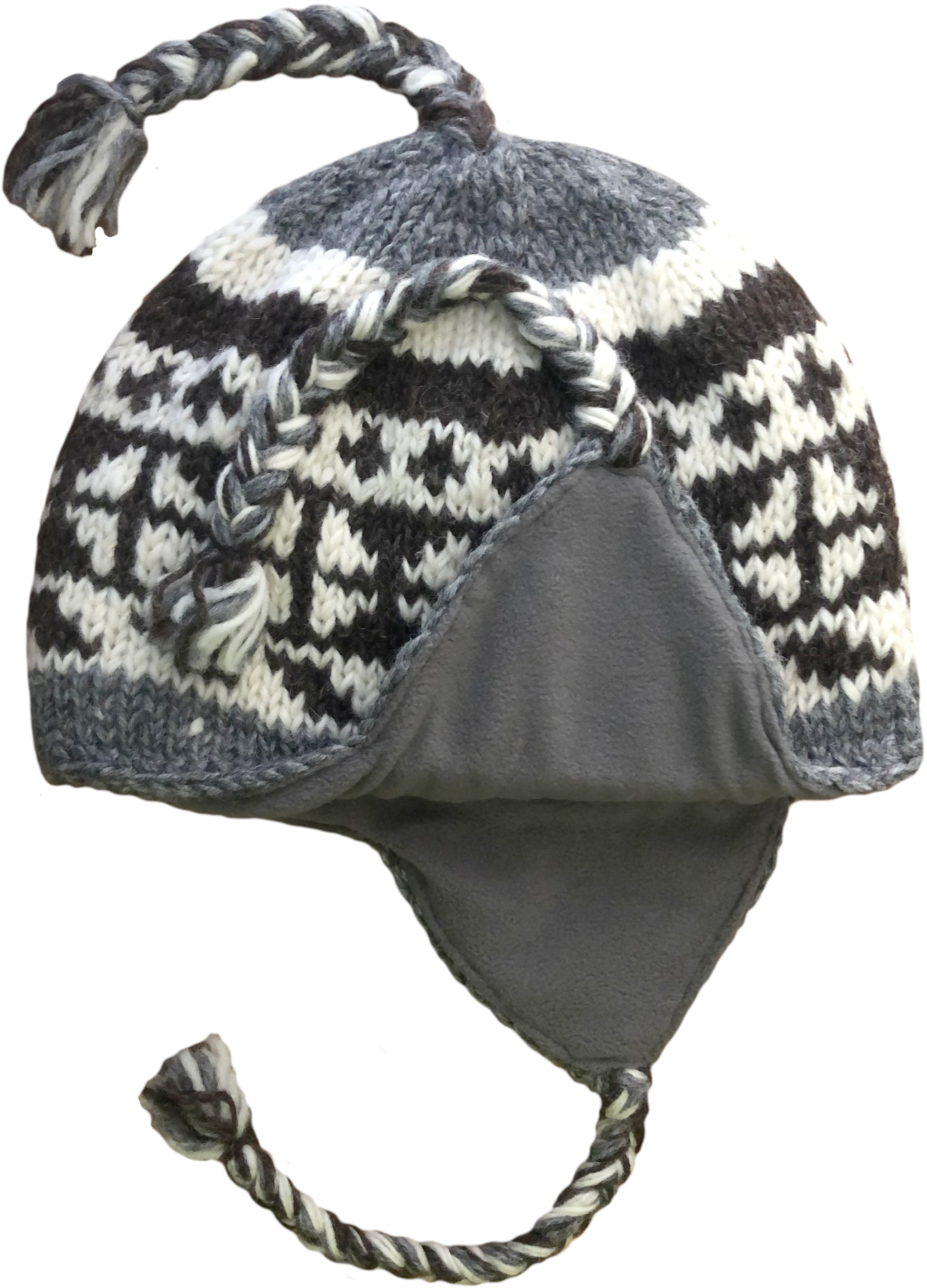 Sherpa Hat with Ear Flaps, Heavy Wool Fleece Lined - Diamond Design