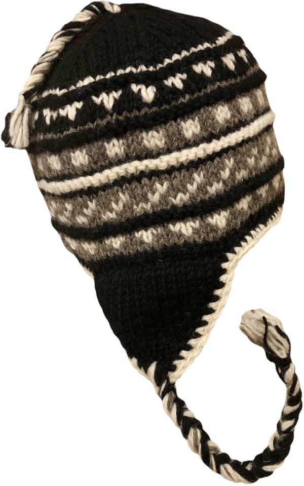 Sherpa Hat with Ear Flaps, Heavy Wool Fleece Lined - Zig Zag Design