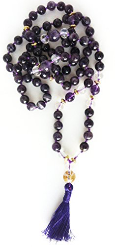Manjushri Mala - Amethyst, Clear Quartz & Hand Painted Om Mani Padme Hum Guru Bead