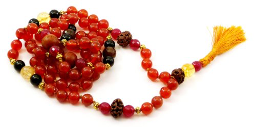 Hanuman Hand Knotted Mala - Carnelian, Garnet, Agate, Citrine, Bodhi Seed & Black Onyx Beads
