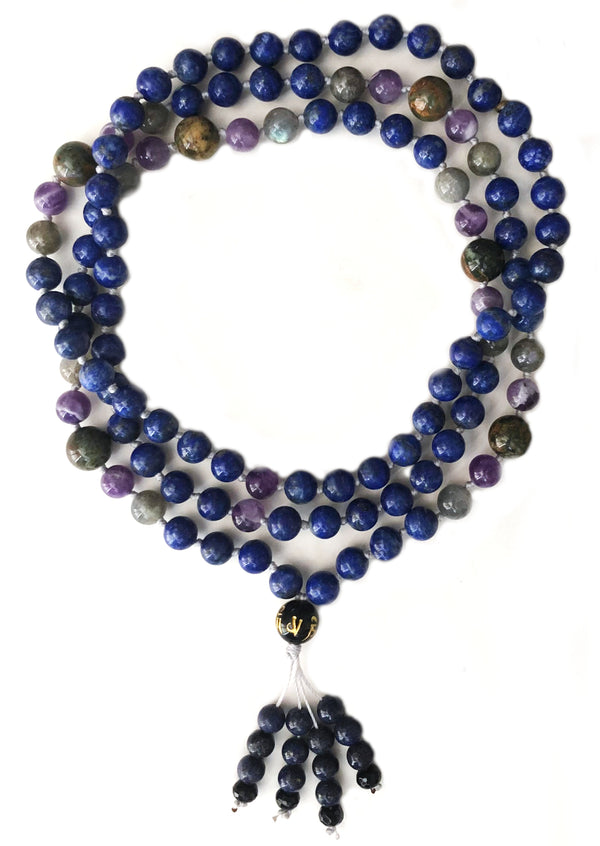 Justice & Intuition Mala: Lapis, Amethyst, Labradorite, Moss Agate, Black Onyx