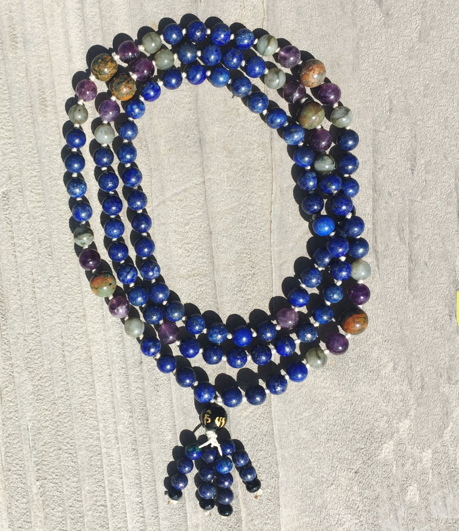 Justice & Intuition Mala: Lapis, Amethyst, Labradorite, Moss Agate, Black Onyx