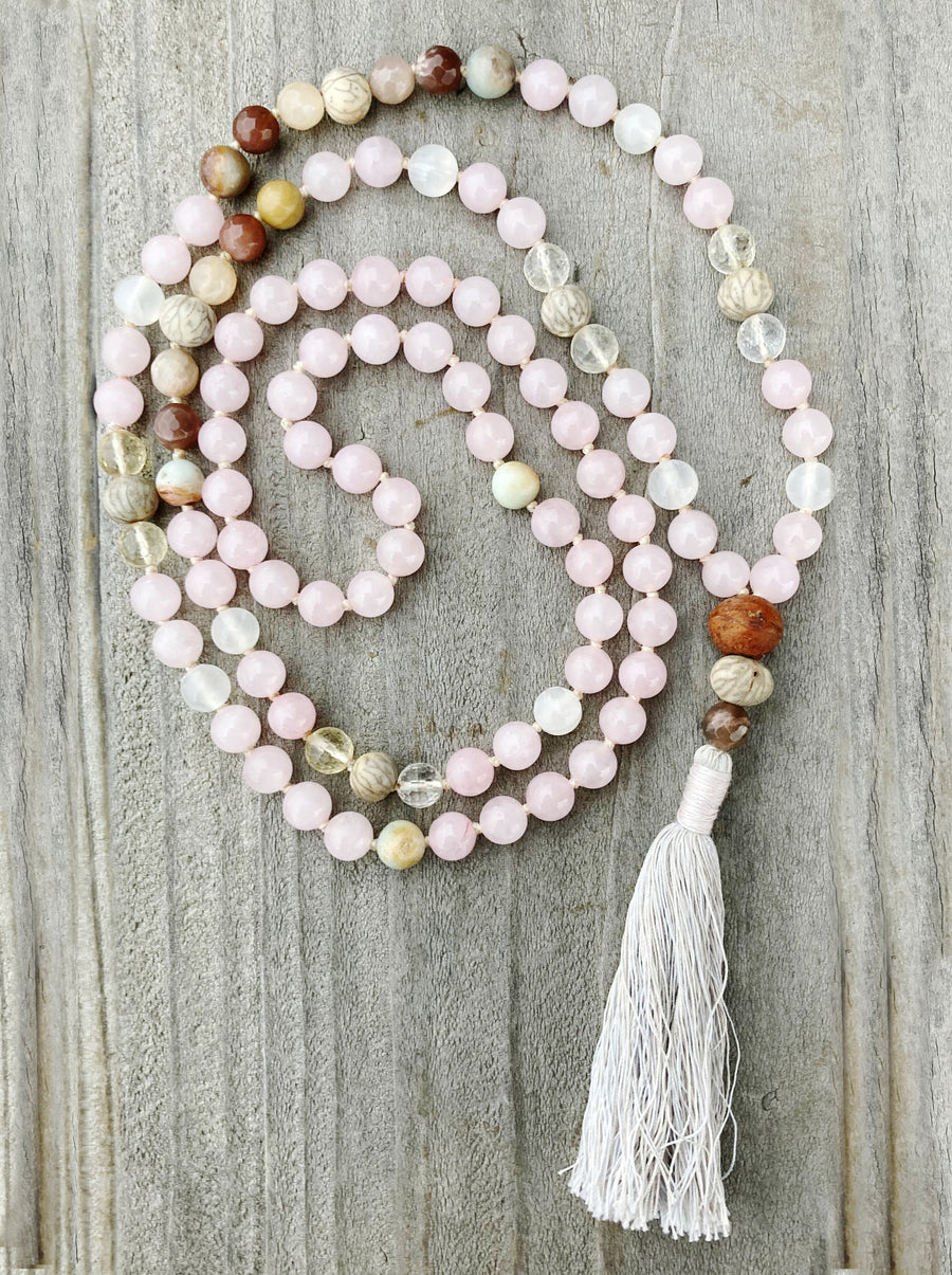 Meditation & Heart Mala Rose Quartz, Moonstone, Selenite, Amazonite, Bodhi Seed