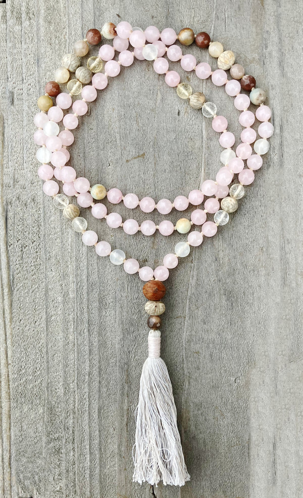 Meditation & Heart Mala Rose Quartz, Moonstone, Selenite, Amazonite, Bodhi Seed
