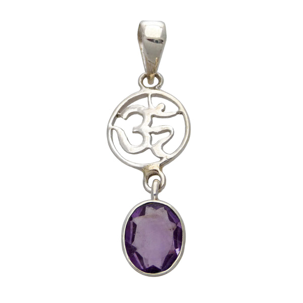 Om Mandala Pendant with Faceted Healing Crystal Oval Drop  - Sterling Silver