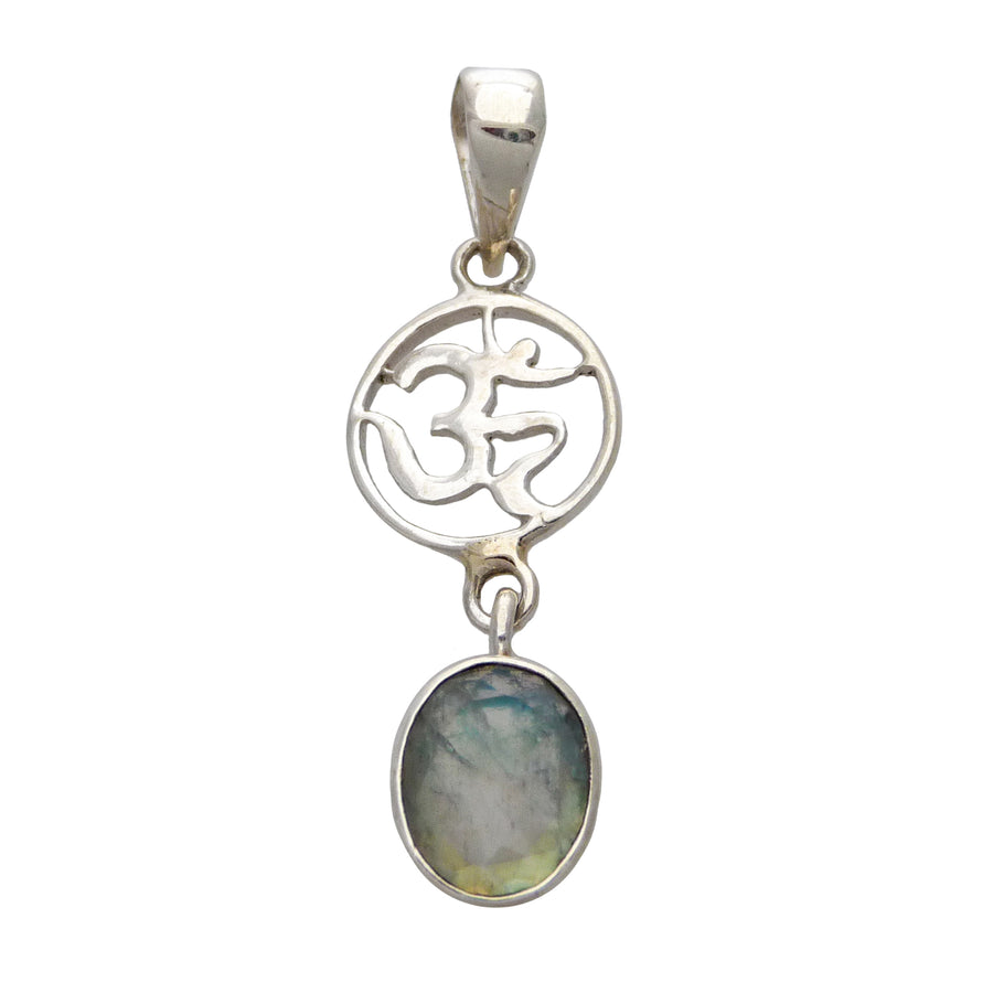 Om Mandala Pendant with Faceted Healing Crystal Oval Drop  - Sterling Silver