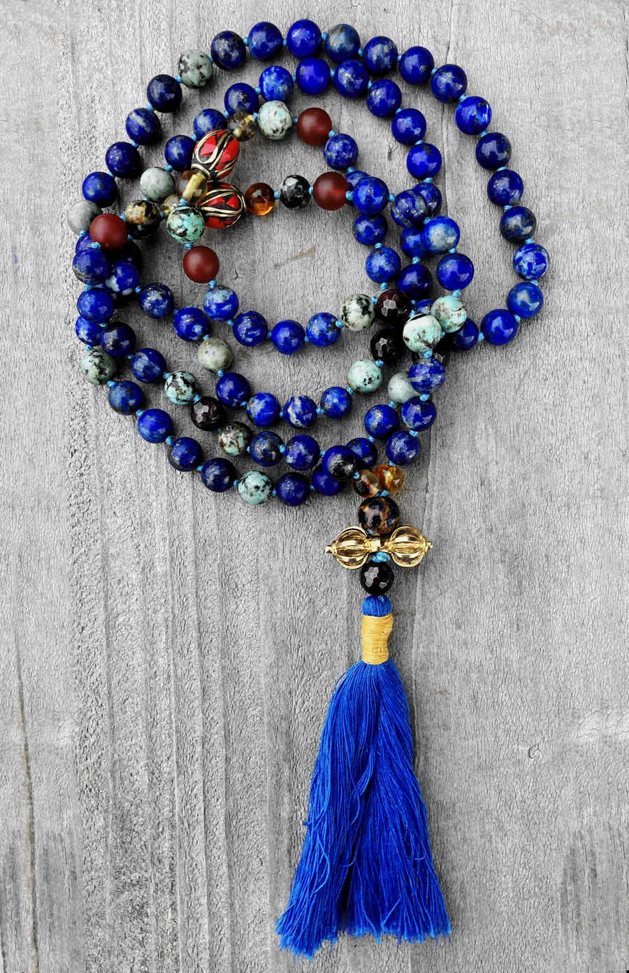 Protection & Courageous Heart Mala: Lapis, Carnelian, Amber, African Turquoise Jasper, Garnet