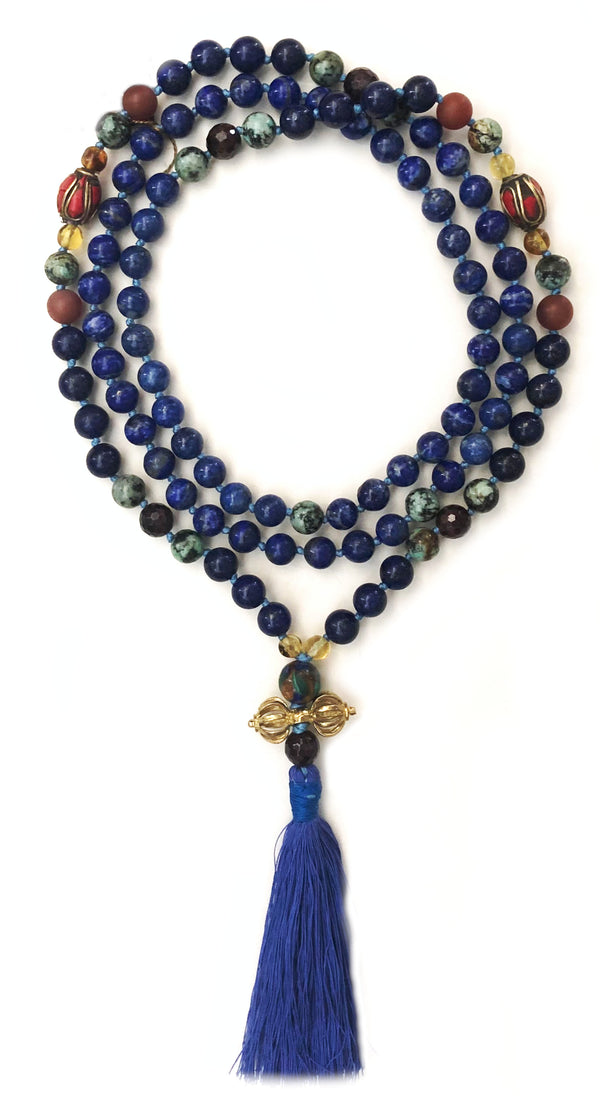 Protection & Courageous Heart Mala: Lapis, Carnelian, Amber, African Turquoise Jasper, Garnet