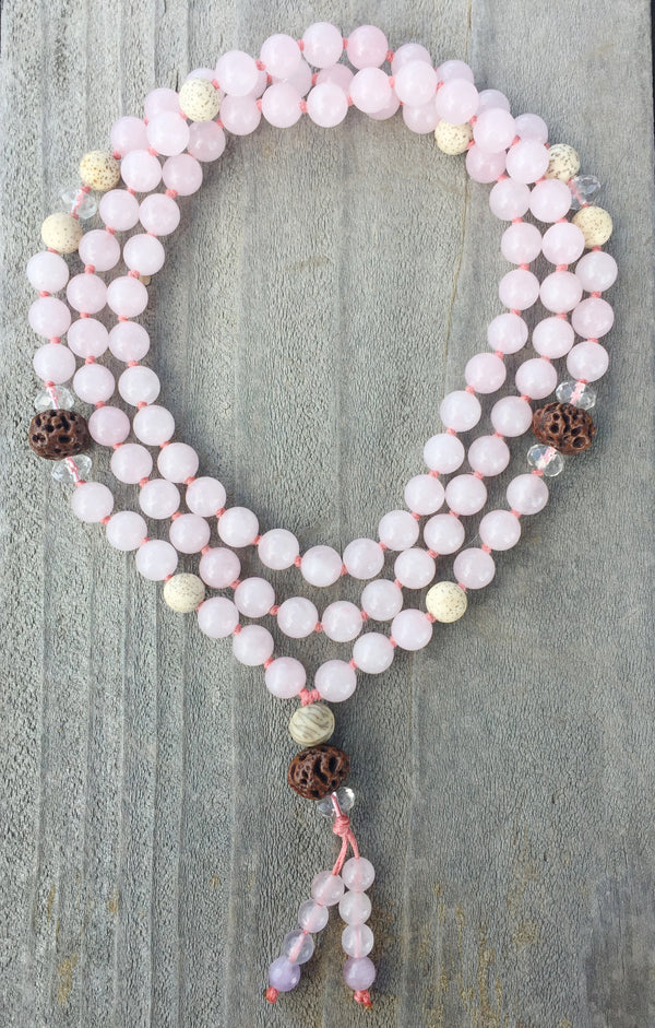Heart Opening Mala, Rose Quartz:, Quartz Crystal, Bodhi Seed: Meditation